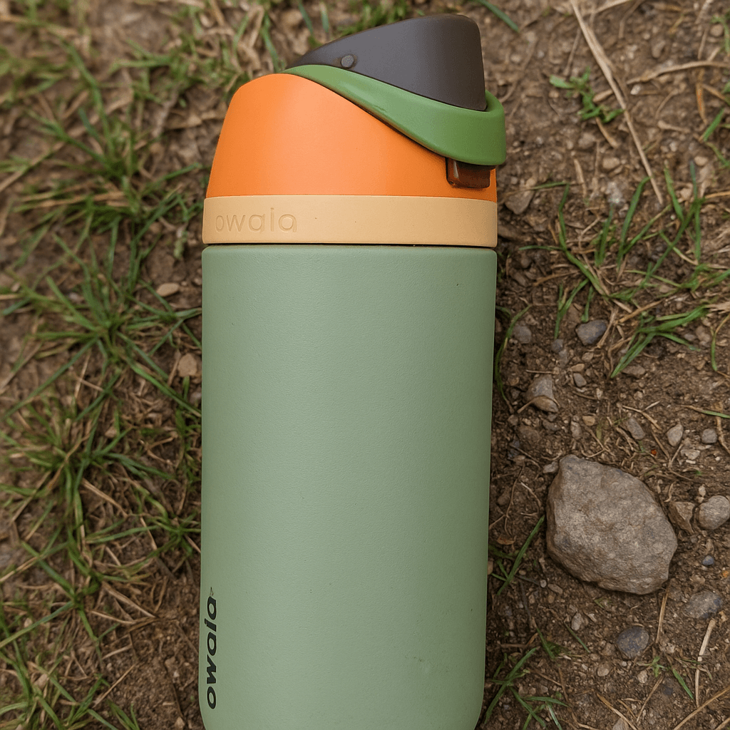 photo of owala thermos laying on the ground during a hike