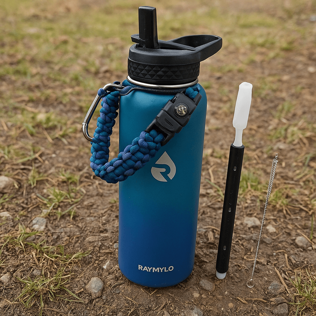 photo of raymylo water bottle standing on the ground during a hike