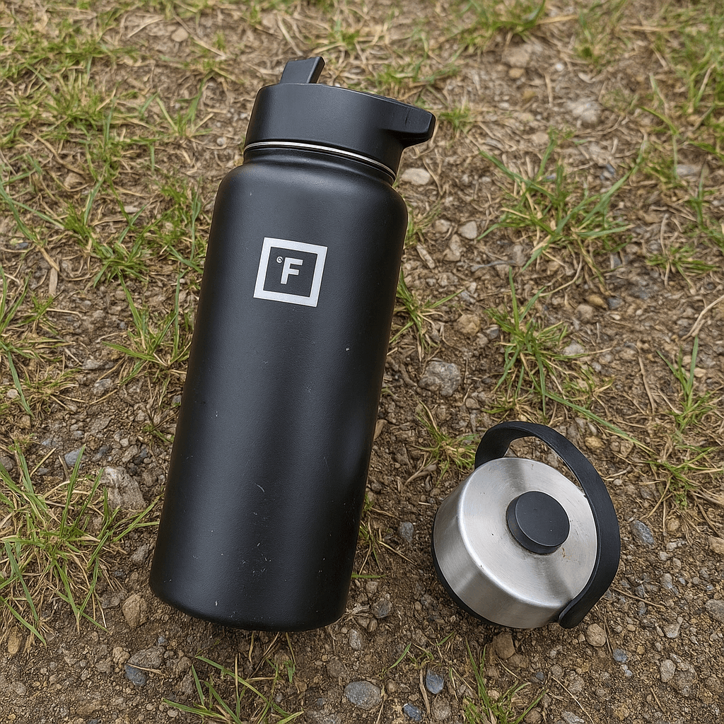 photo of iron flask water bottle laying flat on the ground during a hike