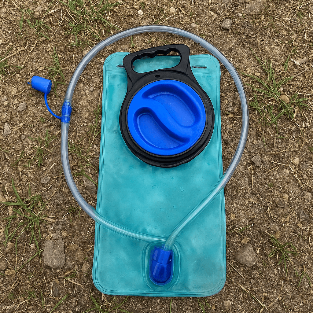 photo of hydration bladder laying flat on the ground during a hike