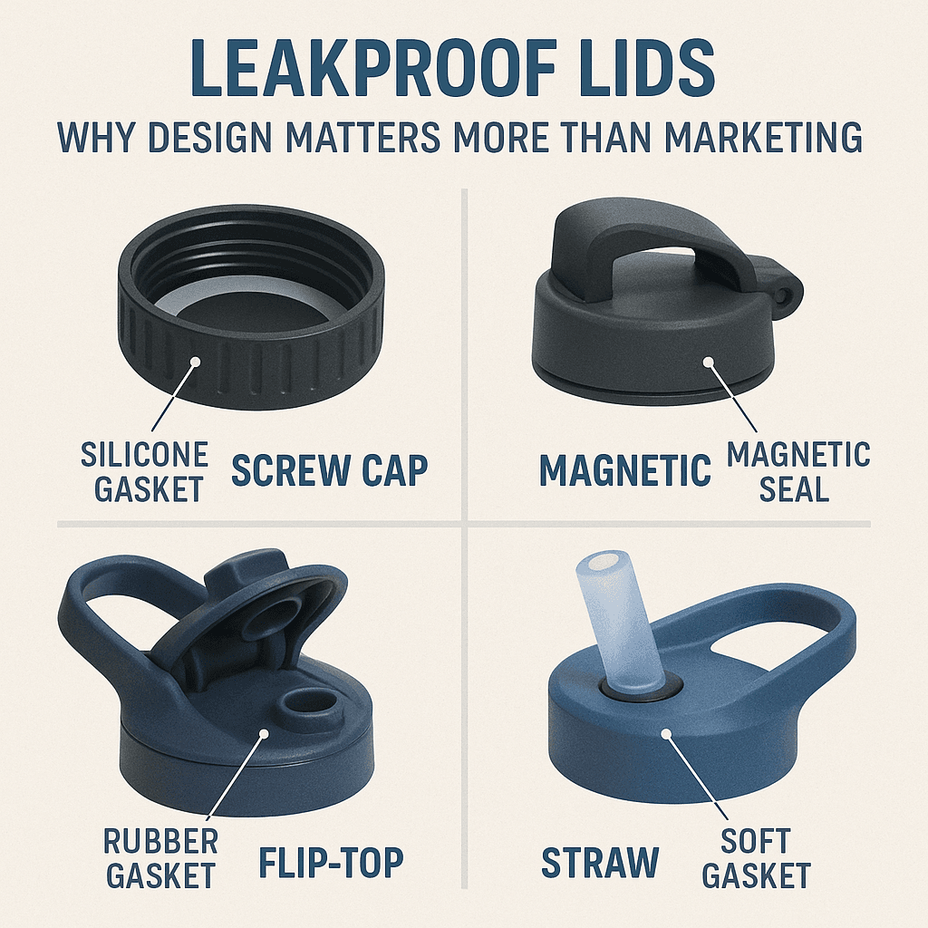 illustrations of different types of caps for hiking water bottles to prevent leaks