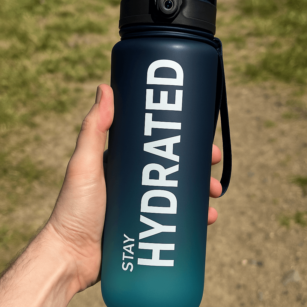 man holding a sahara silor water bottle