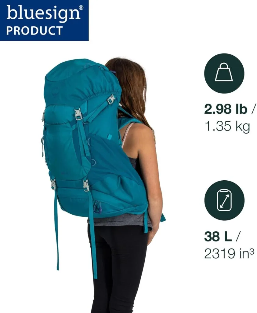 Woman carrying a blue backpack.