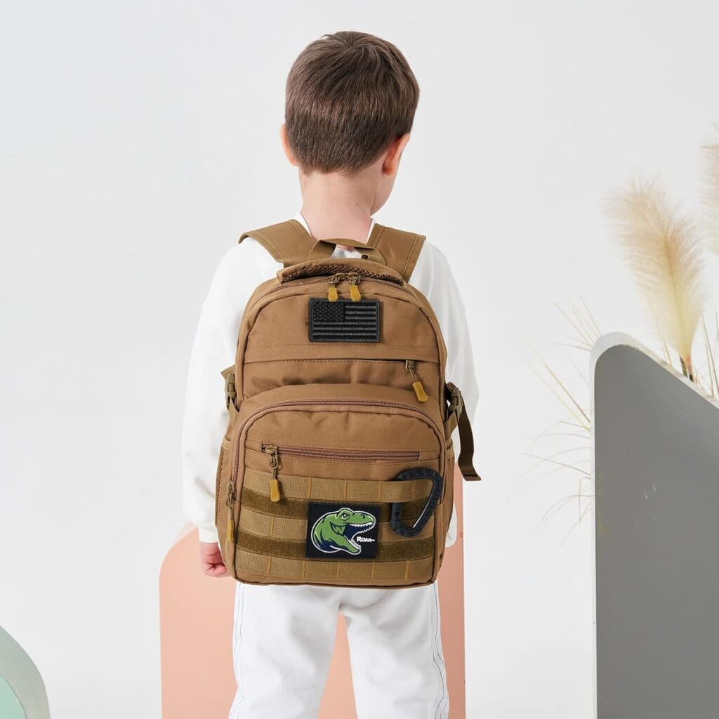Child wearing brown military-style backpack.