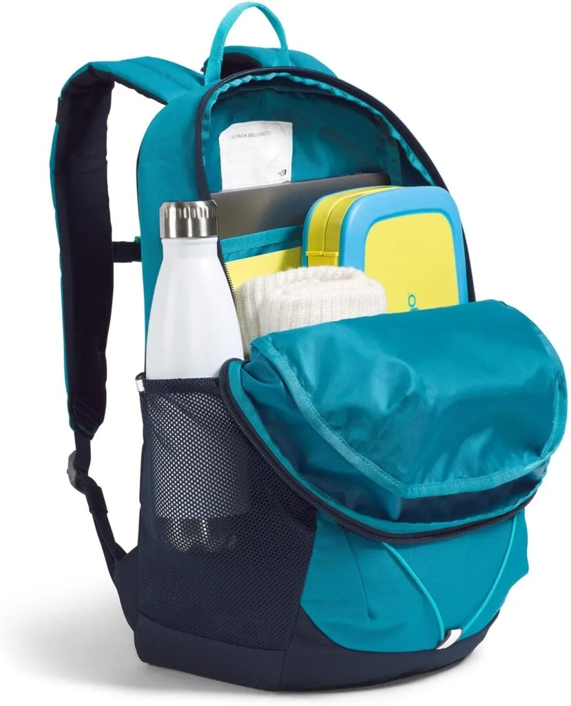 Colorful backpack with various items inside.