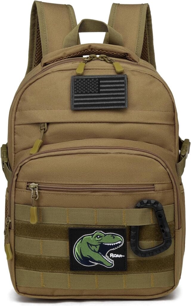 Tan tactical backpack with patches