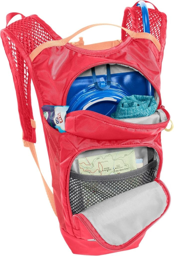 Red hydration backpack with storage compartments