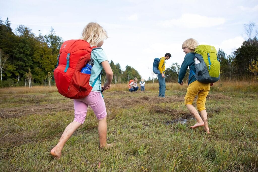 Children hiking in a grassy field.