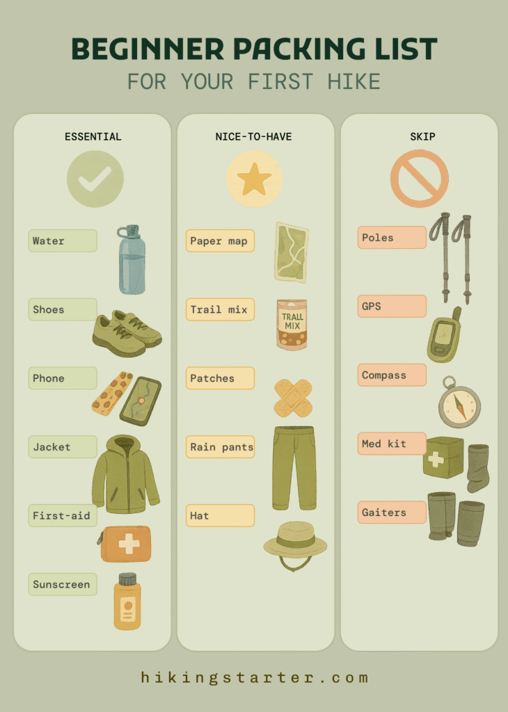 infographic of a packing list with icons and items recommended to hiking for beginners
