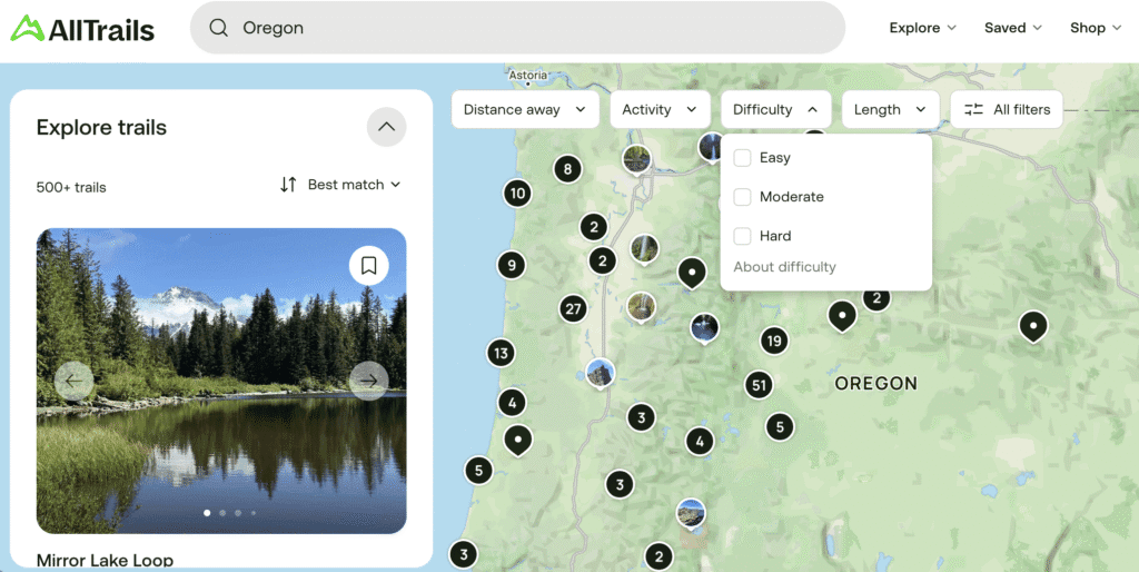 screenshot of the search features from the alltrail website